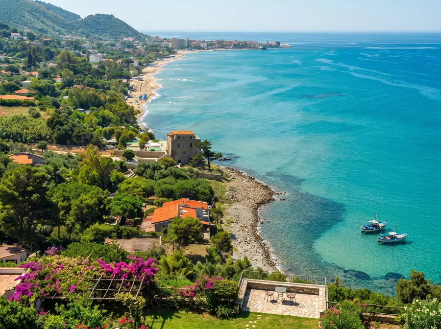 La costa di Acciaroli dall'alto: la spiaggia, la torre sul mare e le barche nell'acqua turchese