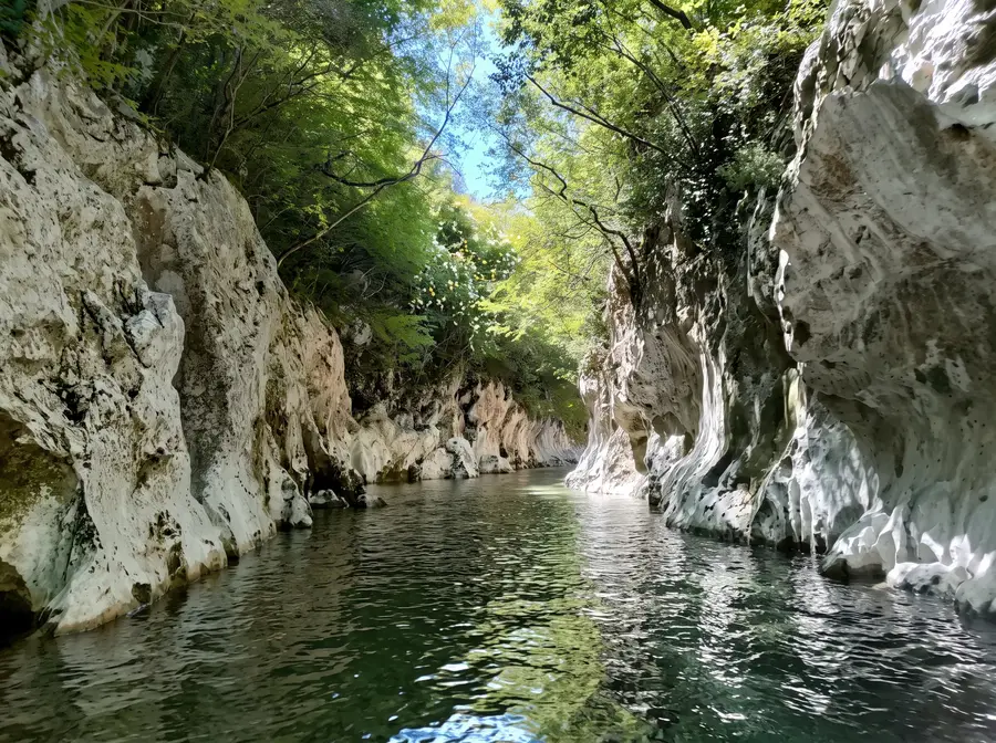Il fiume Calore che scorre tra le pareti di roccia bianca e i boschi delle Gole del Calore