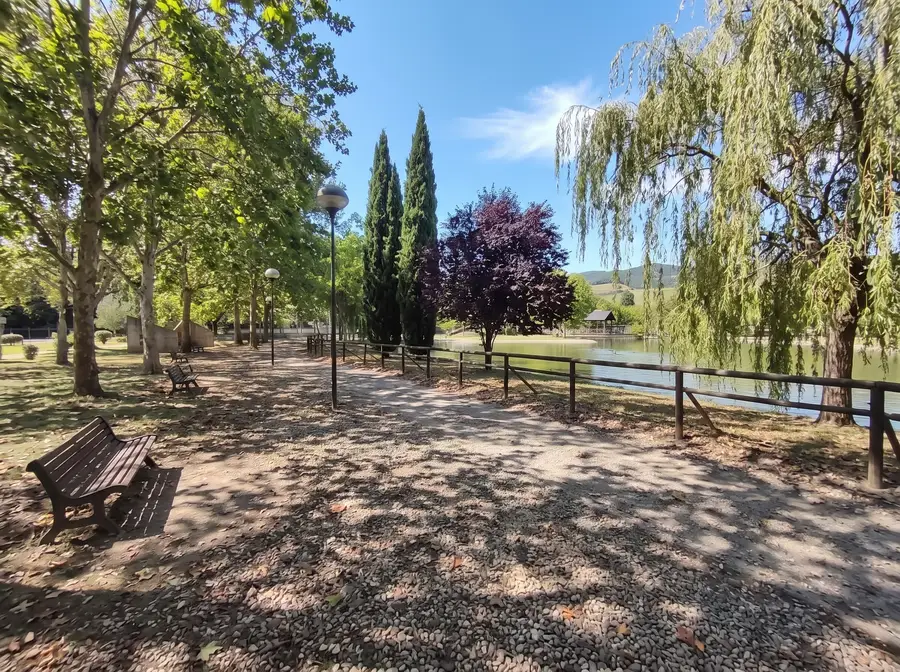 Viale alberato con panchine lungo il lago dell'Oasi Fiume Alento